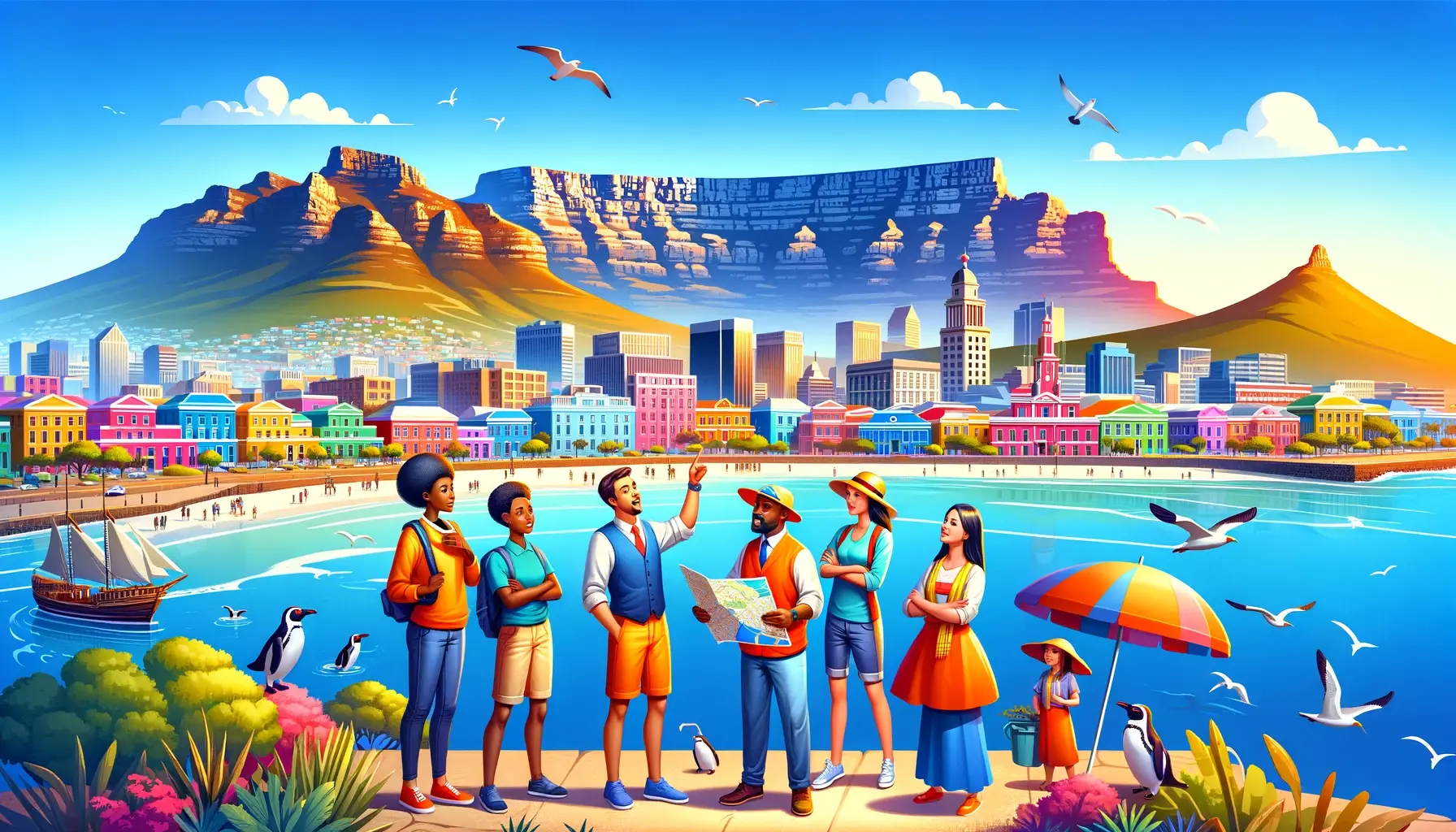 A vibrant and colorful blog featured image representing a tour guide to Cape Town. The image showcases a panoramic view of Cape Town, with the iconic