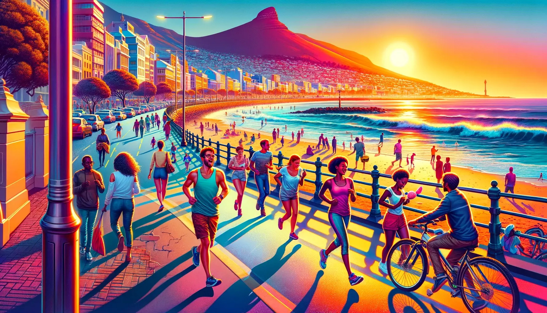 A vibrant and scenic image of Sea Point in Cape Town, suitable for a travel blog. The image portrays the bustling Sea Point promenade