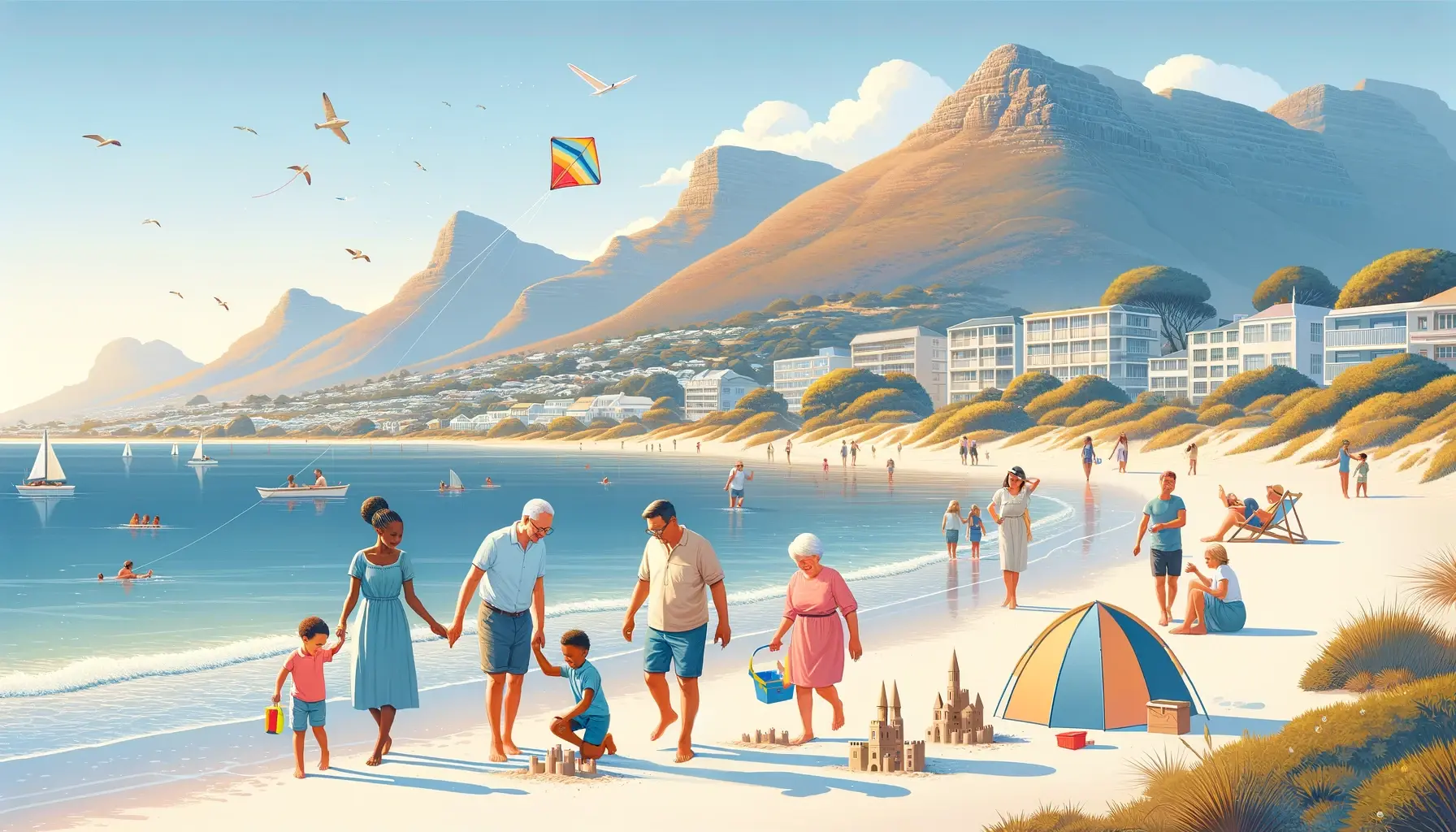 A peaceful and family-friendly image of Fish Hoek Beach in Cape Town