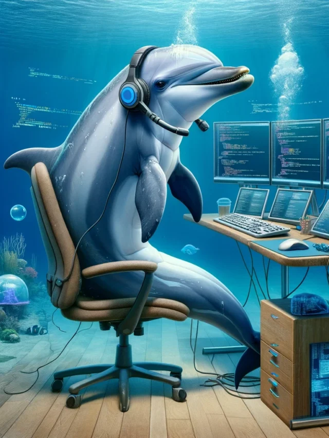 DALL·E 2024-01-07 00.01.19 - An imaginative illustration of a dolphin portrayed as a software engineer. The dolphin is shown sitting upright at a desk, with a specially adapted