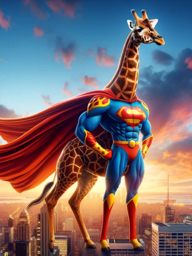 DALL·E 2024-01-07 01.30.05 - Imagine a giraffe as a superhero. This giraffe stands tall and majestic, adorned with a bright, colorful superhero costume that includes a cape flowin.webp