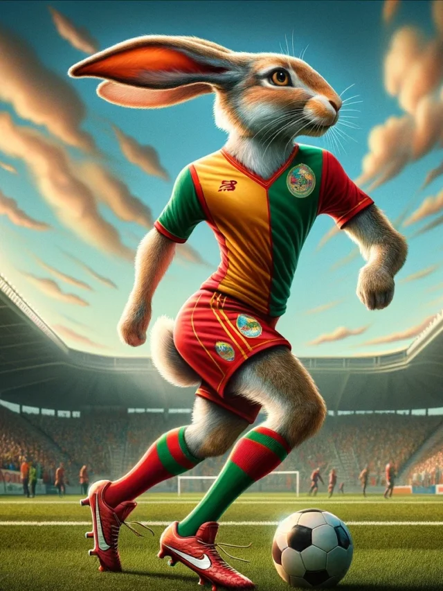 DALL·E 2024-01-07 02.01.32 - An imaginative illustration of a rabbit portrayed as a football player. The rabbit stands upright, wearing a full football kit with a jersey, shorts,