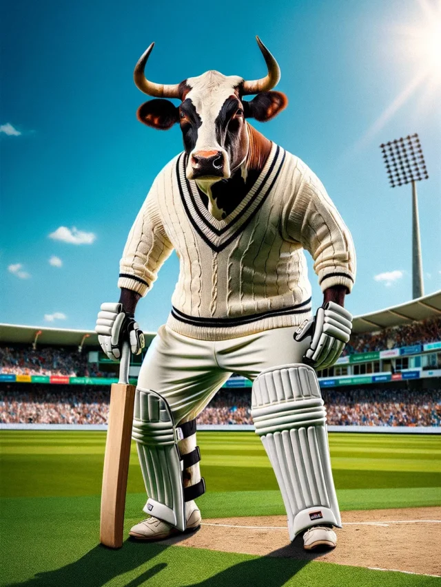 DALL·E 2024-01-07 02.18.21 - Envision a cow as a cricket player. The cow is strong and determined, wearing a classic white cricket uniform, including a V-neck sweater and trousers