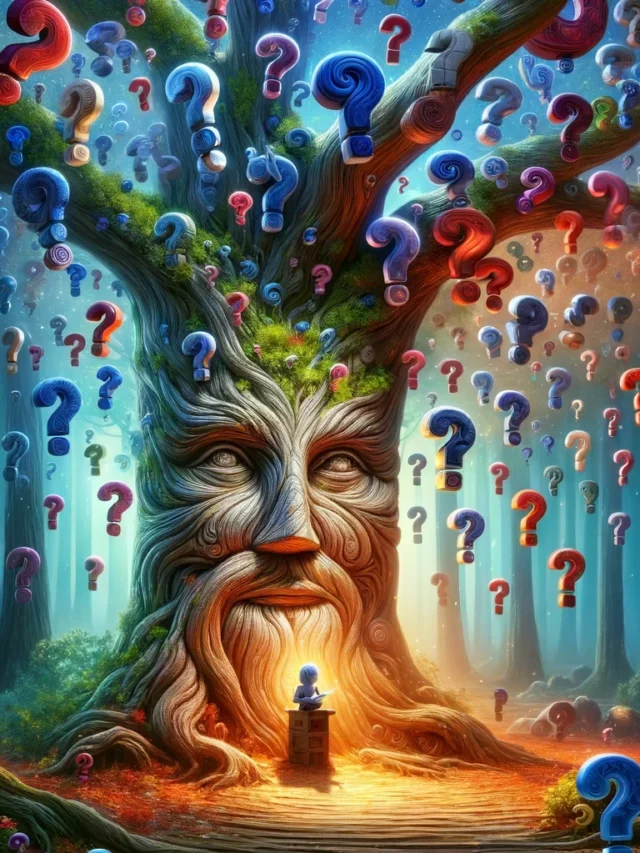 an image for the quote_ A wise man can learn more from a foolish question than a fool can learn from a wise answer. Depict an ancient tree wi.webp