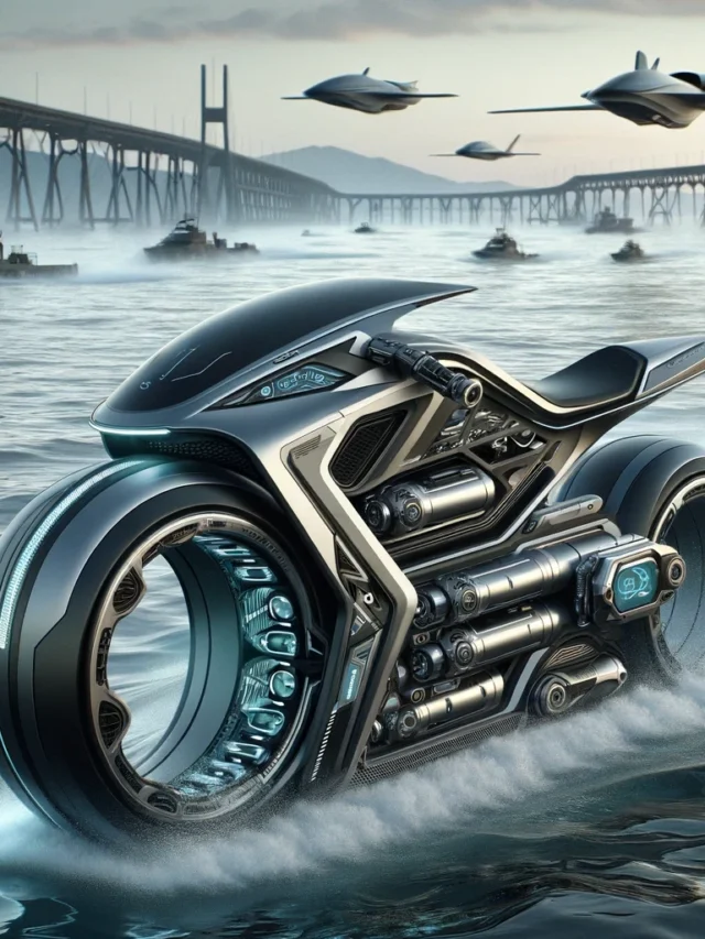DALL·E 2024-01-07 16.35.35 - A futuristic and high-tech motorbike designed for water regions. The bike has a sleek, hydrodynamic design with materials suited for aquatic environme